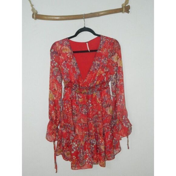 Free People Mini Dress Closer to the Heart Red Floral Boho Chic X-Small - Picture 9 of 11